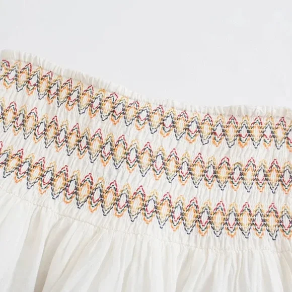 Boho Floral Embroidered Stretchy Waist Ruffle Mini Skirt - Picture 12 of 14